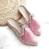 复古流苏包头女拖鞋 女尖头坡跟牛筋底绣花鞋 老北京布鞋 19春秋新款