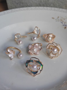 包邮天然淡水珍珠戒指开口多种款式鲍鱼贝壳花形指环真珍珠女生