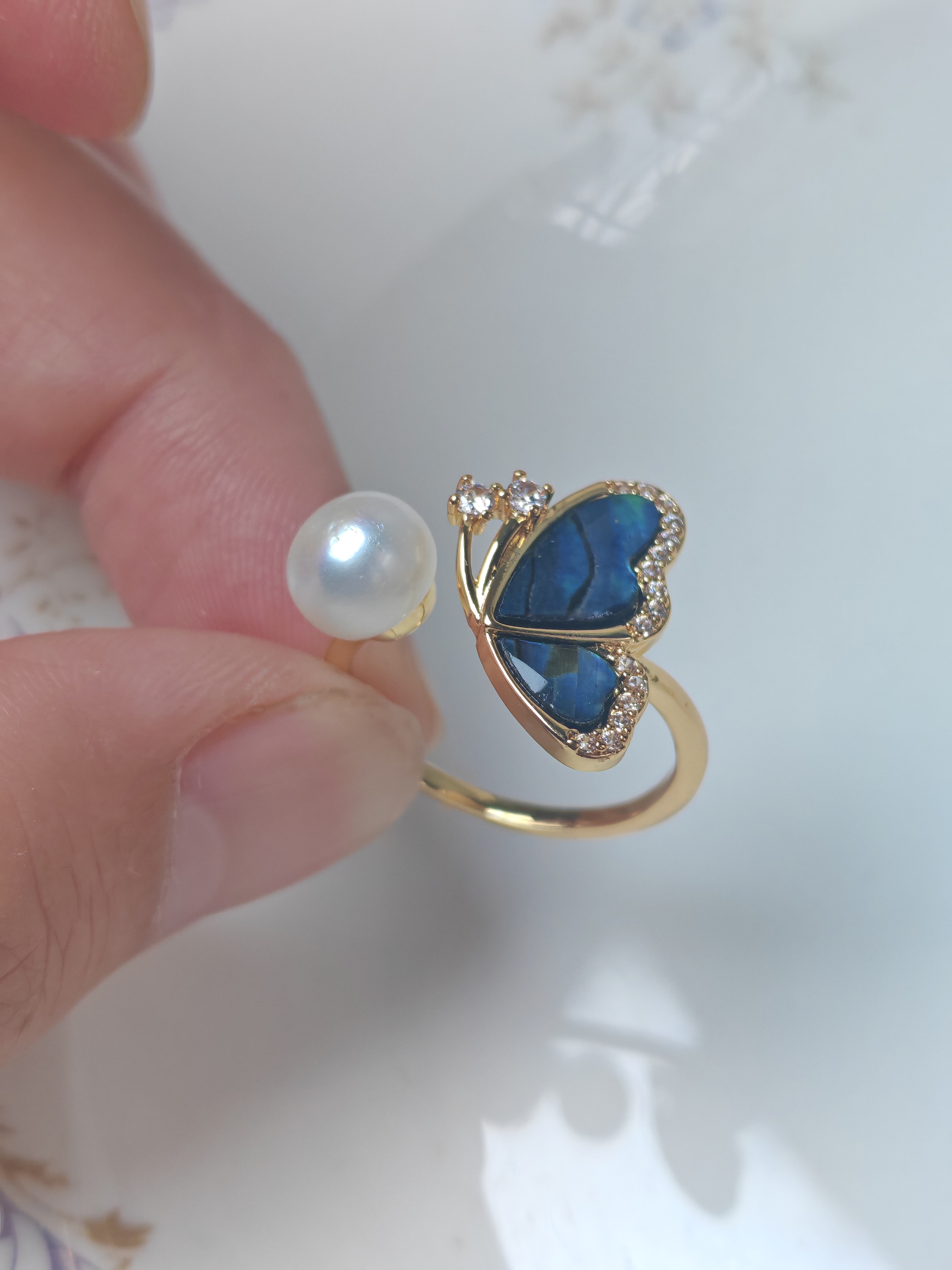 包邮 天然淡水珍珠戒指镀金简约气质日常花朵戒指 开口可调节多款