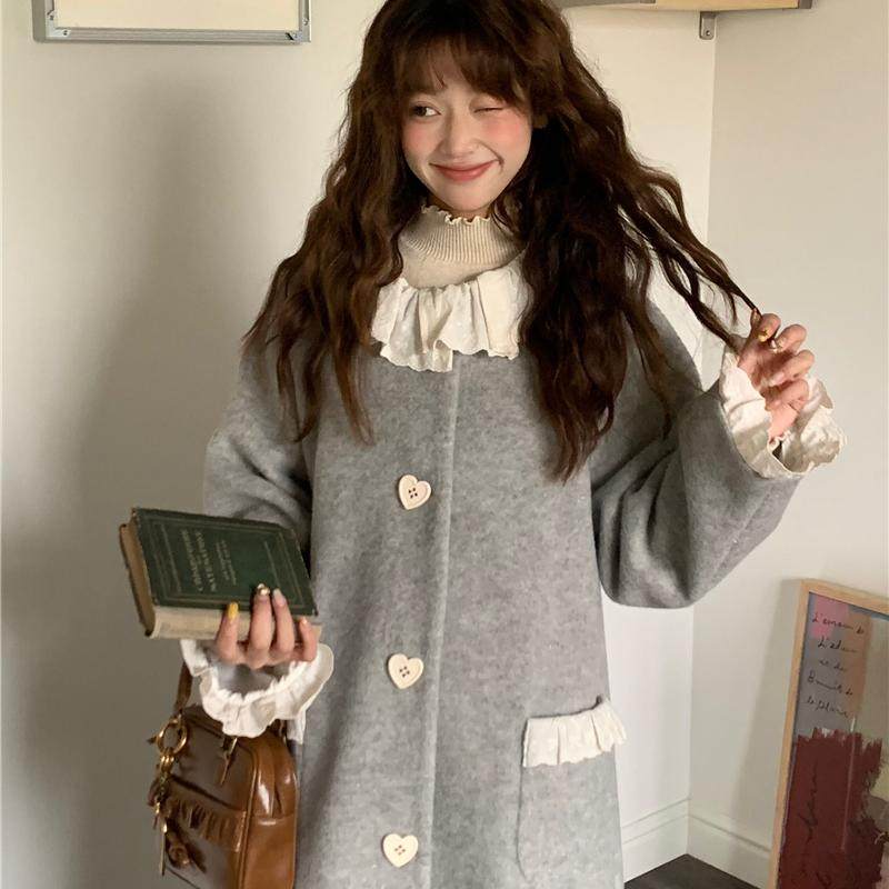 蛋包饭餐厅小香风复古灰色毛呢外套女荷叶领设计感千金小姐大衣