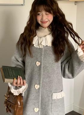 蛋包饭餐厅小香风复古灰色毛呢外套女荷叶领设计感千金小姐大衣