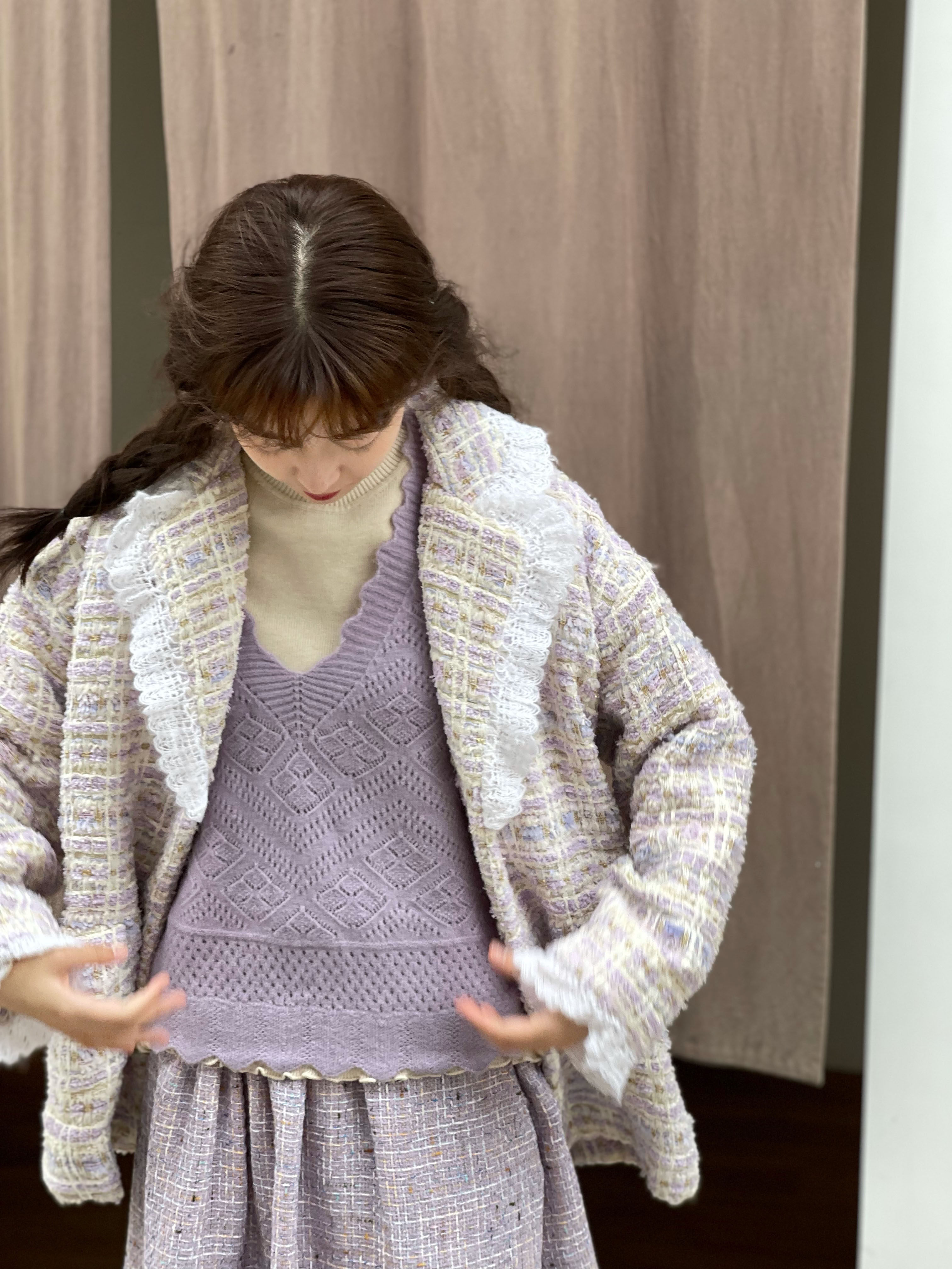 蛋包饭餐厅_紫色花边领西服外套女春季日系甜美小个子西装上衣