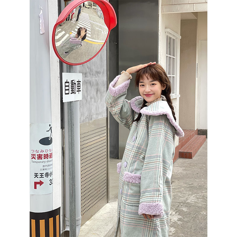 蛋包饭餐厅_羊羔绒海军领毛呢外套女冬季日系加厚中长款呢子大衣