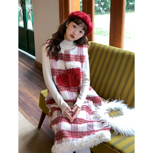 甜美毛呢长裙 圣诞红格子背带连衣裙女春季 蛋包饭餐厅 草莓千层