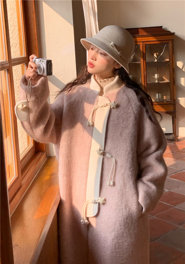 蛋包饭餐厅 粉白羊毛新中式小立领毛呢星星扣大衣 1.17新品95折扣