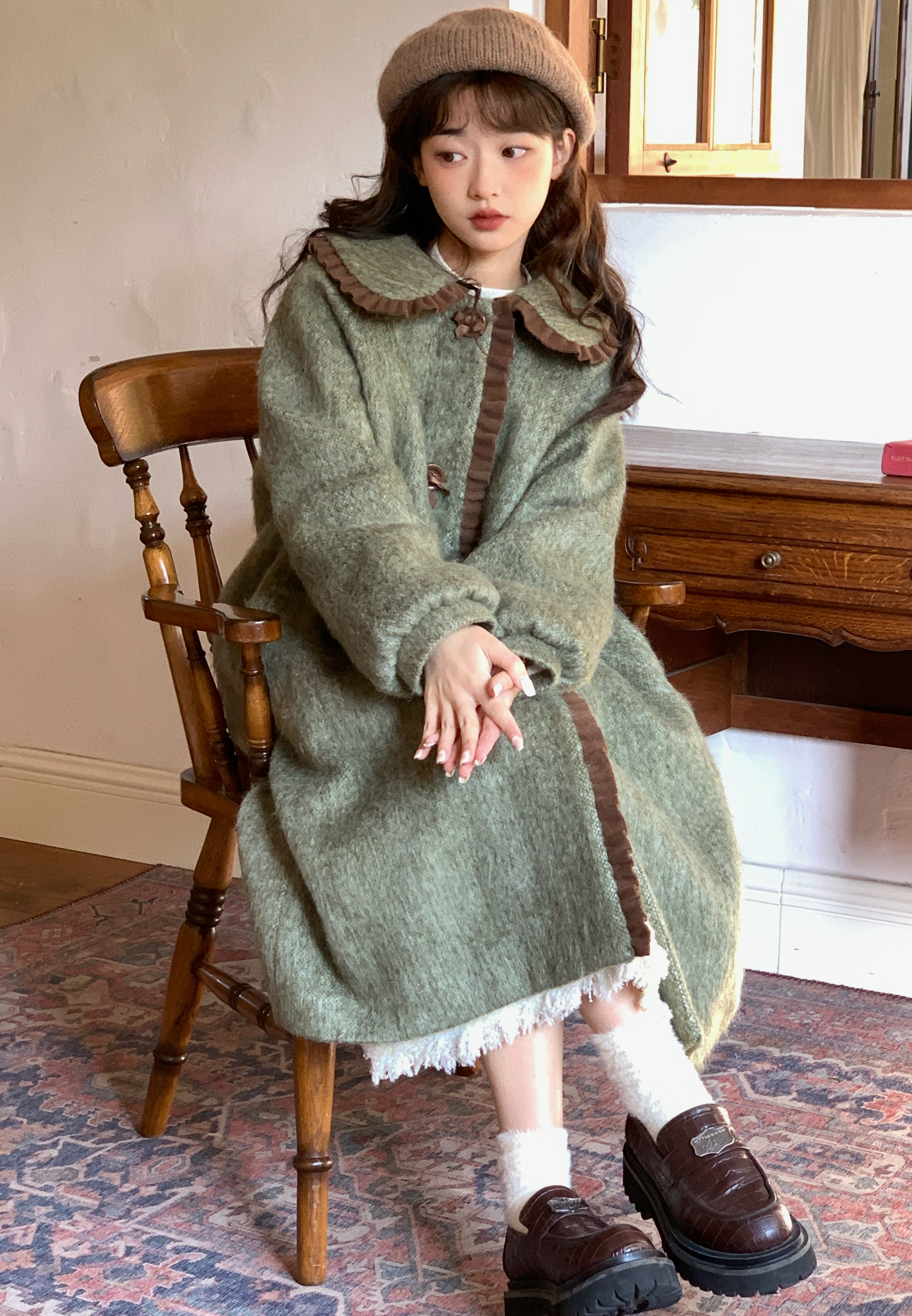 蛋包饭餐厅【秋木松林】娃娃领复古呢子大衣女冬季过膝毛呢外套