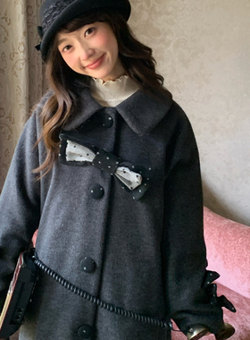 黑灰色蝴蝶结设计感气质大衣