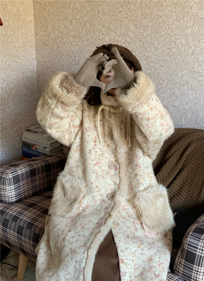 蛋包饭餐厅 棕色彩点复古毛呢立领毛绒拼接保暖气质大衣