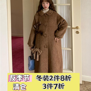 飾毛呢外套女中長款 2025秋冬新款 韓版 寬松娃娃領(lǐng)蝴蝶結(jié)裝 大衣