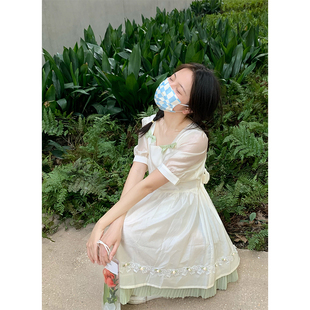 蛋包饭餐厅_方领蝴蝶结短袖 裙子 连衣裙女夏季 日系甜美可爱中长款