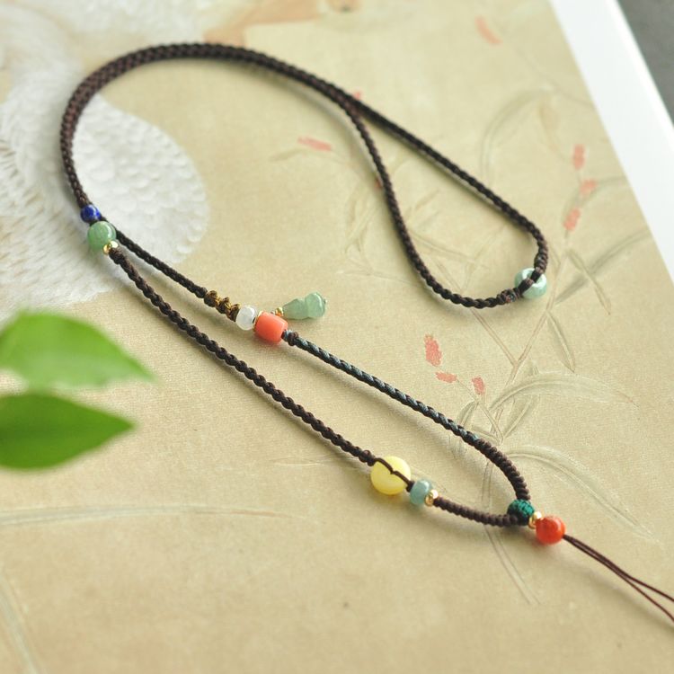 「隐香处」2mm翡翠葫芦蜜蜡多宝配黄金玉器编织高档挂绳项链SS163