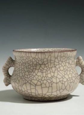 龙泉青瓷叶维德传世哥窑双耳香炉鱼耳炉