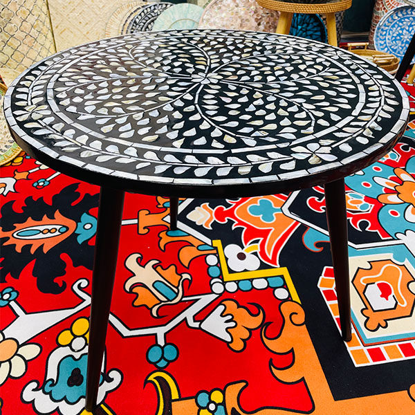 天然彩贝壳镶嵌轻奢黑白边桌客厅茶几直径50高50厚度1.5cm