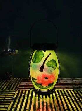 荷花琉璃灯花园庭院摆件阳台户外太阳能装饰灯台灯复古小夜灯