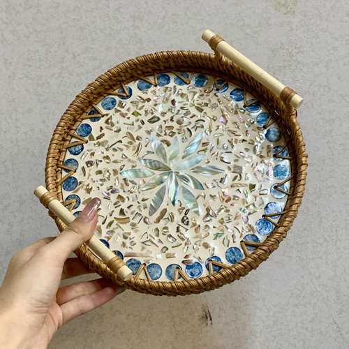 手工藤编贝壳托盘果盘蓝莲花款双耳提手直径22cm