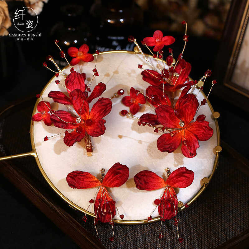 红色敬酒服头饰新娘2024新款仙美花瓣发夹高级感晚礼服发饰配饰品