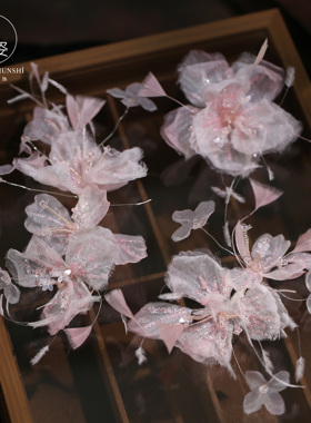 新款少女甜美粉色纱花羽毛头饰