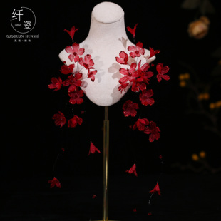 新款中式新娘头饰红色花朵流苏发夹结婚敬酒服旗袍配饰发饰高级感