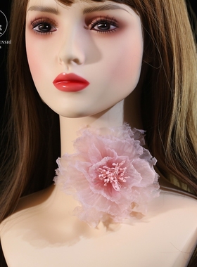 新款超仙气薄纱粉色花朵颈链