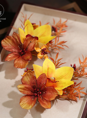 新款复古风橙色仿真花发夹头饰新娘晨袍造型高级感甜美边夹配饰品