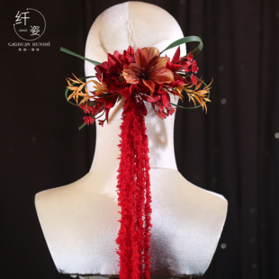 新中式晨袍发饰红色旗袍造型气质流苏后区头饰国风晚礼服订婚发饰