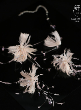 个性甜美粉色羽毛花朵项链耳环