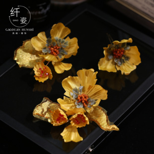  新中式橘色花朵发夹秀装饰性禾新娘汉服头饰高级感写真拍照发饰