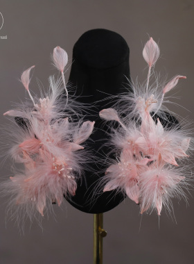 新款仙气梦幻少女粉色羽毛头饰新娘结婚晨袍礼服发夹写真旅拍发饰