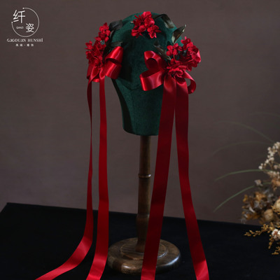 新款甜美红色仿真花敬酒服头饰