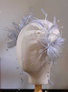 仙气甜美灰色羽毛串珠边夹公主唯美气质新娘头饰跟妆影楼造型配饰