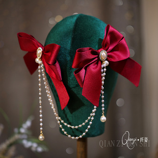 2023新款红色珍珠流苏蝴蝶结发夹新娘敬酒服头饰女订婚晚礼发饰品