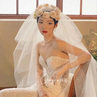 2023新款复古港风头纱新娘花朵网纱花环森系气质结婚拍照摄影高级