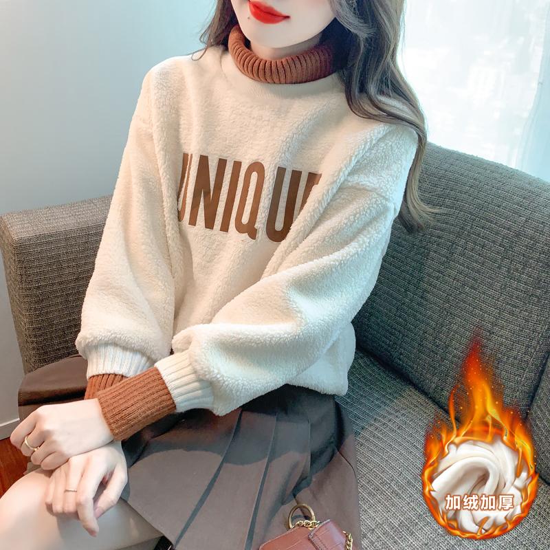 加绒宽松慵懒风撞色假两件卫衣