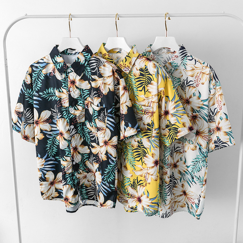 夏季潮牌花衬衫男潮流夏威夷短袖衬衣薄款青少年休闲上衣情侣衣服