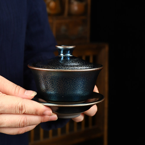 蓝麒麟建盏盖碗三件套建阳铁胎防烫三才大号天目窑变泡茶碗礼盒装
