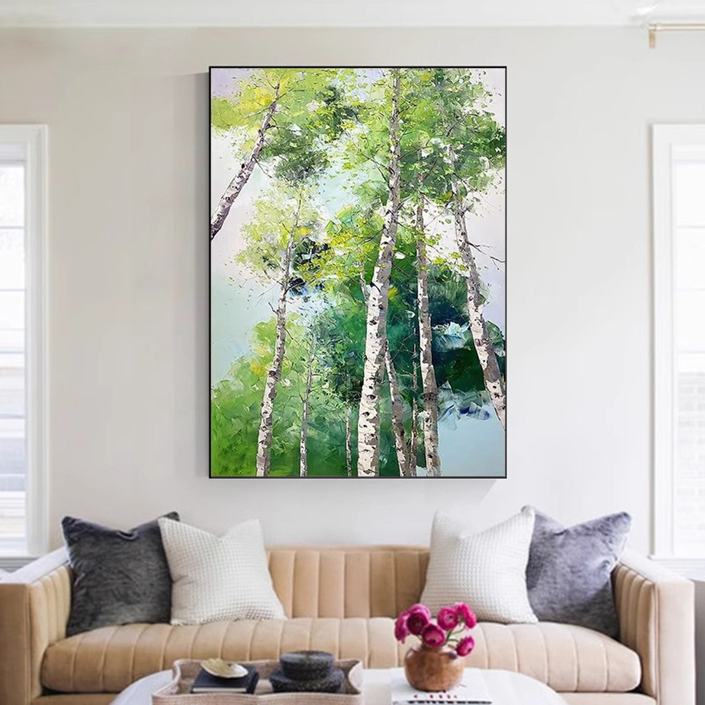 可班纯手绘油画翠影桦林风景壁画