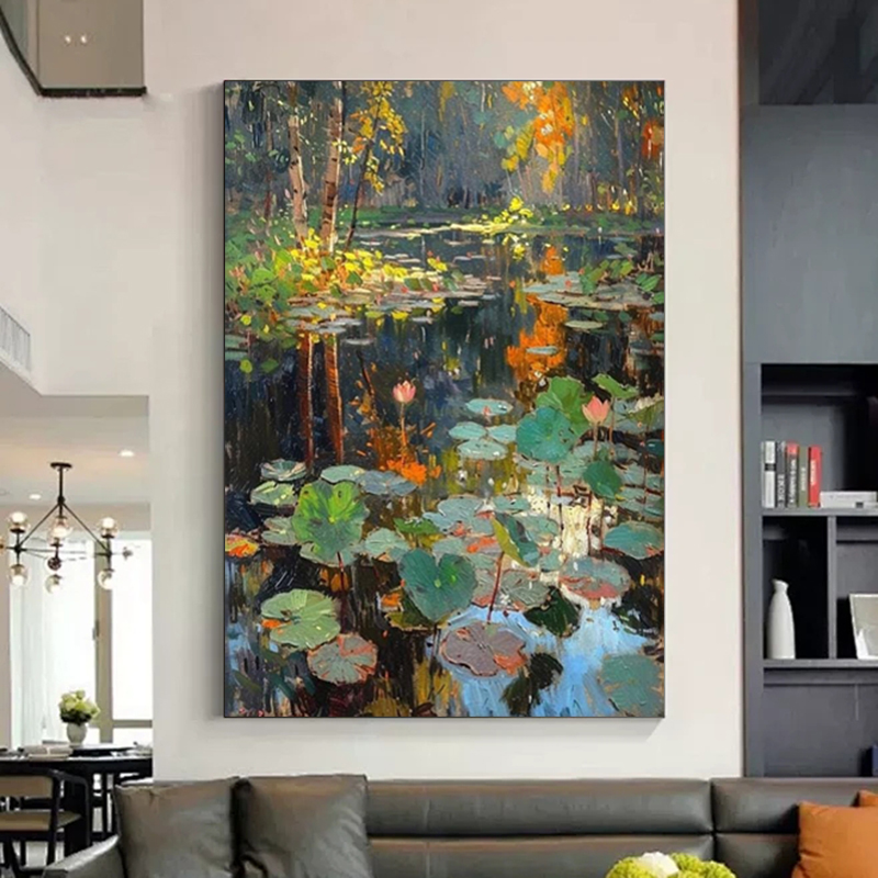 手绘油画荷花池塘花卉印象画大芬村轻奢极简客厅装饰画卧室挂画图片