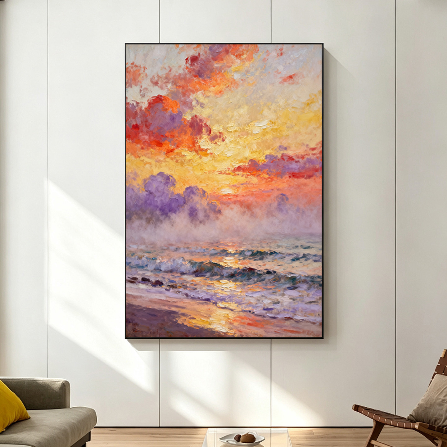 纯手绘油画海边日落风景装饰画