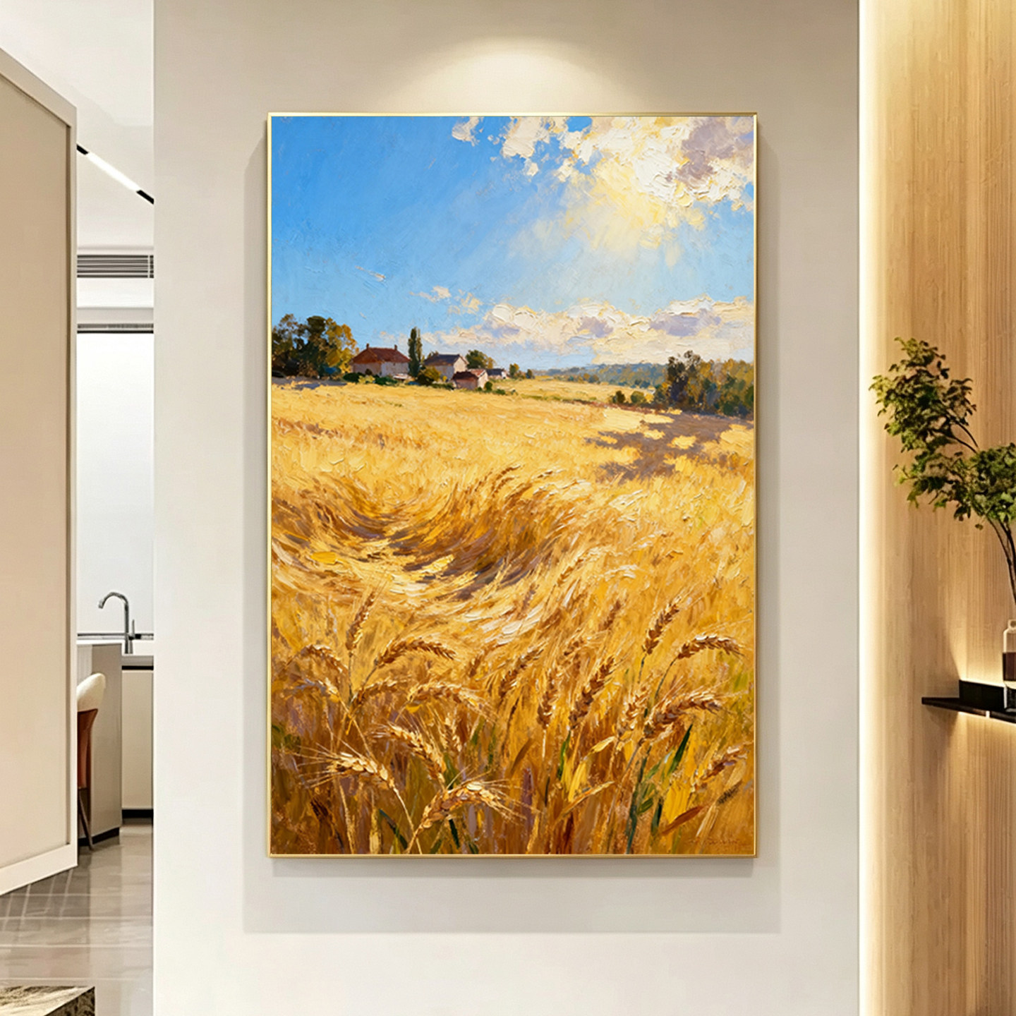 可班手绘油画丰收麦田玄关挂画