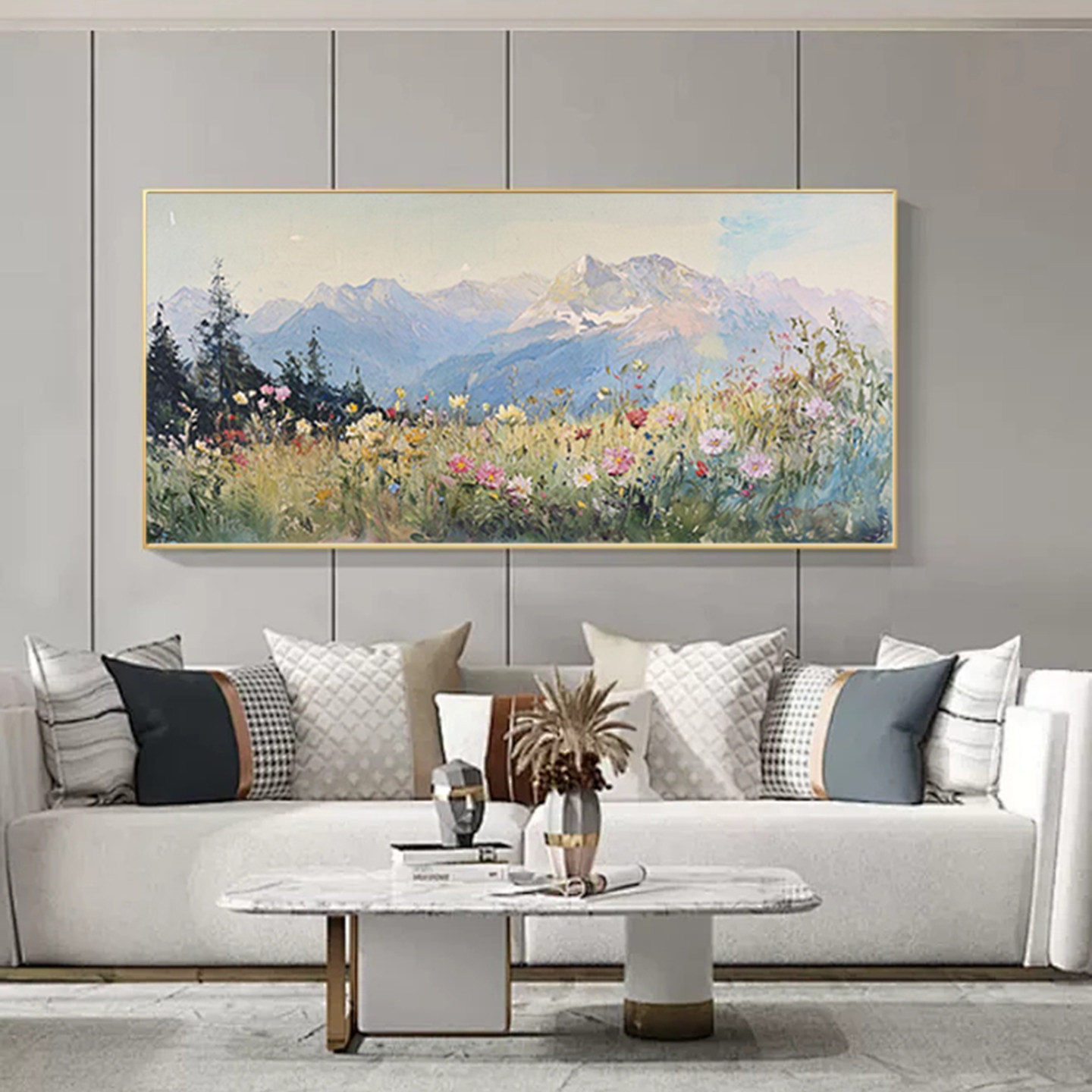 可班手绘油画雪山花海客厅装饰画
