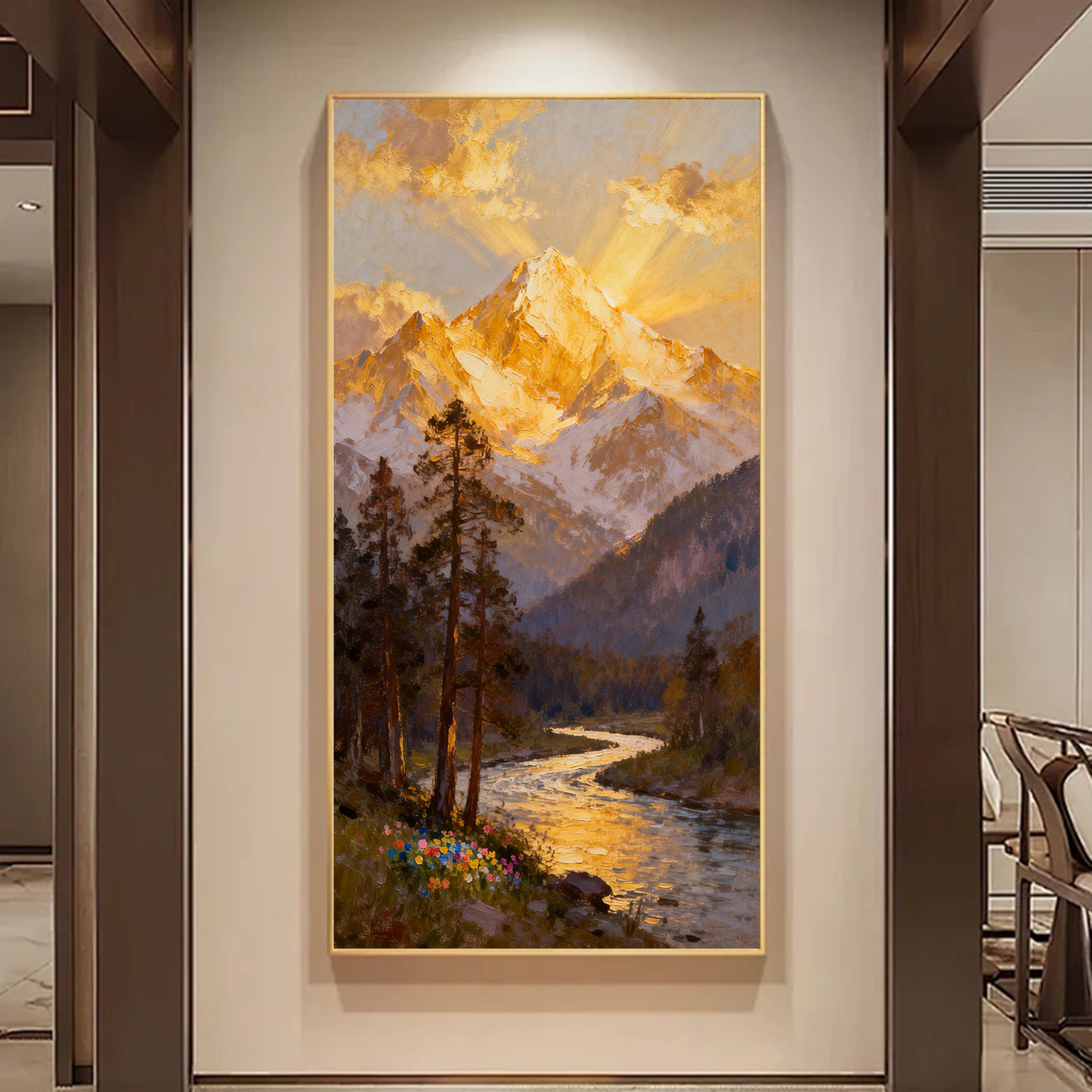 白鹿艺术纯手绘油画新中式山水画