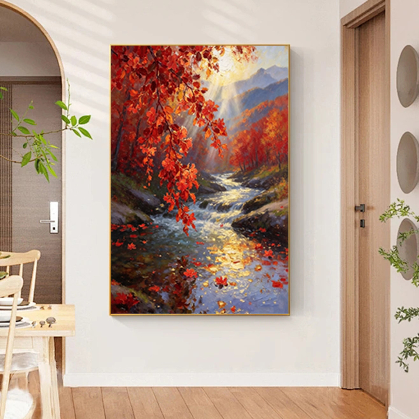 可班手绘油画秋山流水背景装饰画