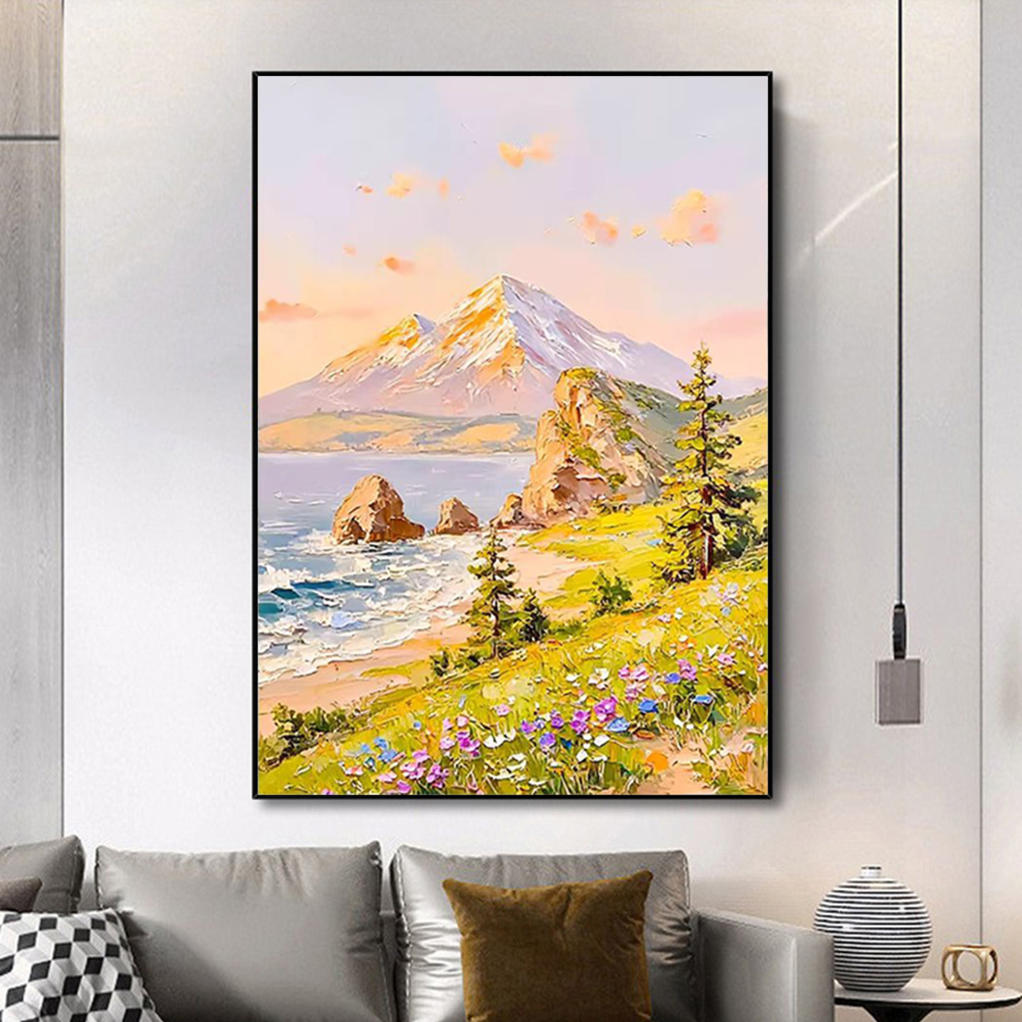 可班纯手绘油画海岸雪山玄关挂画