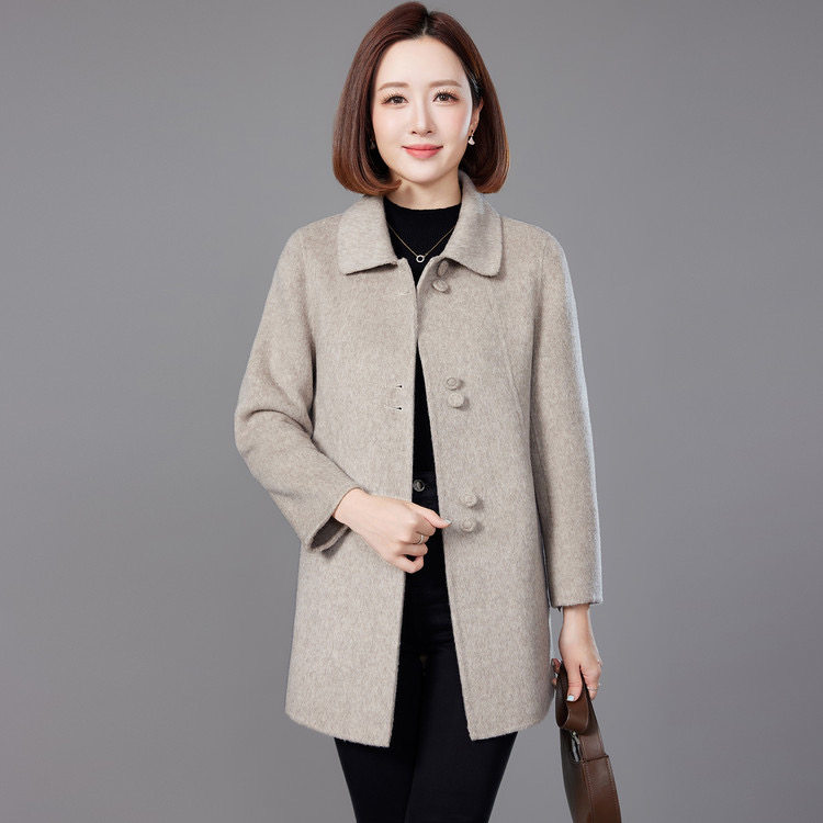 高端纯色妈妈装双面呢大衣翻领毛呢外套中长款100%羊毛大衣秋冬季