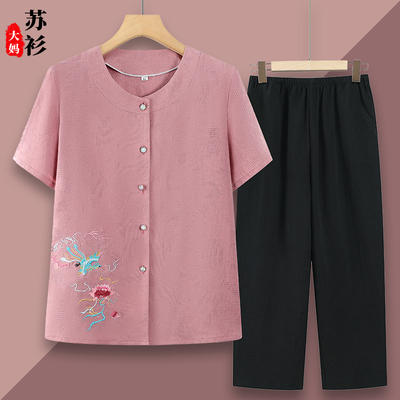 中老年人妈妈棉麻短袖衬衫新款