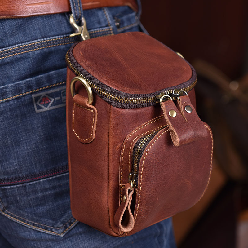 复古真皮腰包迷你微单数码相机包机车包牛皮手机包穿皮带腰挂包男