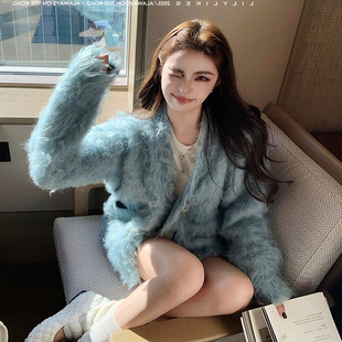 高级感针织 羊毛抓毛定制纱宝石感纽扣V领毛衣开衫 VTG彩钻茸茸衫