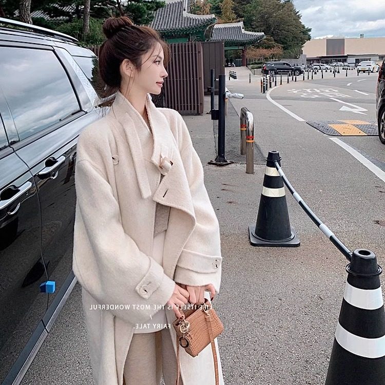 “设计感大衣”高品10羊驼毛90绵羊毛 领扣中长款大衣