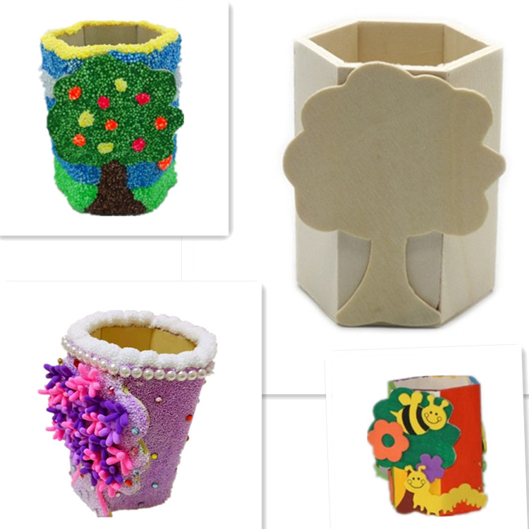 手工diy教具彩绘原木白胚大树六角笔筒雪花彩泥超轻土捏塑模型