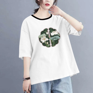 上衣 气质高级洋气中袖 大牌专柜纯棉百搭七分袖 休闲印花t恤女时尚